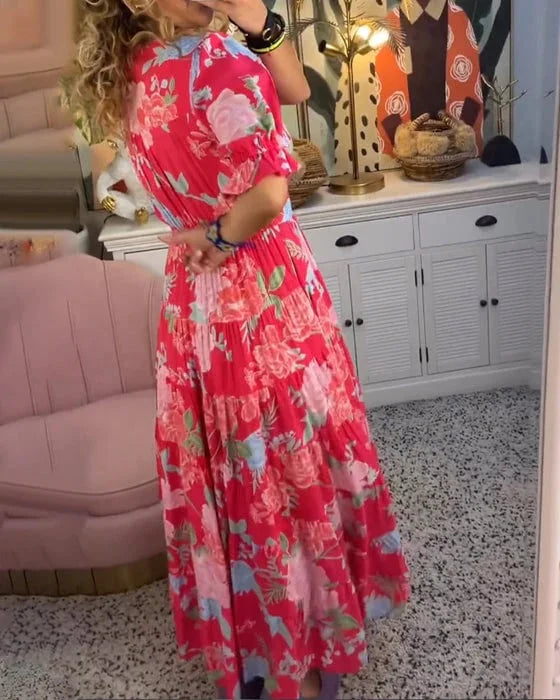 "Robe maxi évasée col V, imprimé floral vibrant, manches bouffantes, style chic et élégant pour femme"