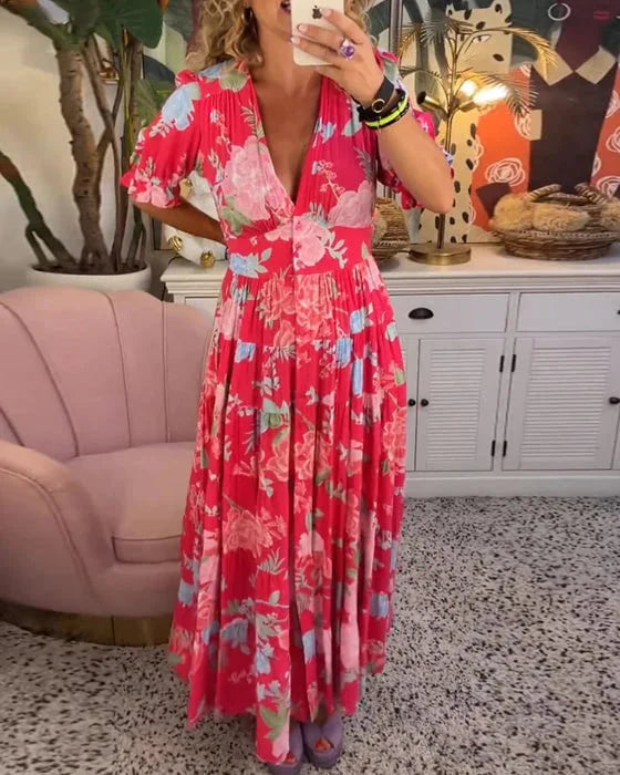 "Robe maxi évasée col V, imprimé floral vibrant, manches bouffantes, style chic et élégant pour femme"