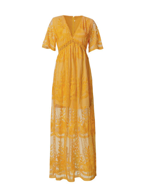 "Robe maxi Jasmine élégante, vue avant, coupe fluide, décolleté en V, tissu floral, parfaite pour journée ou soirée."