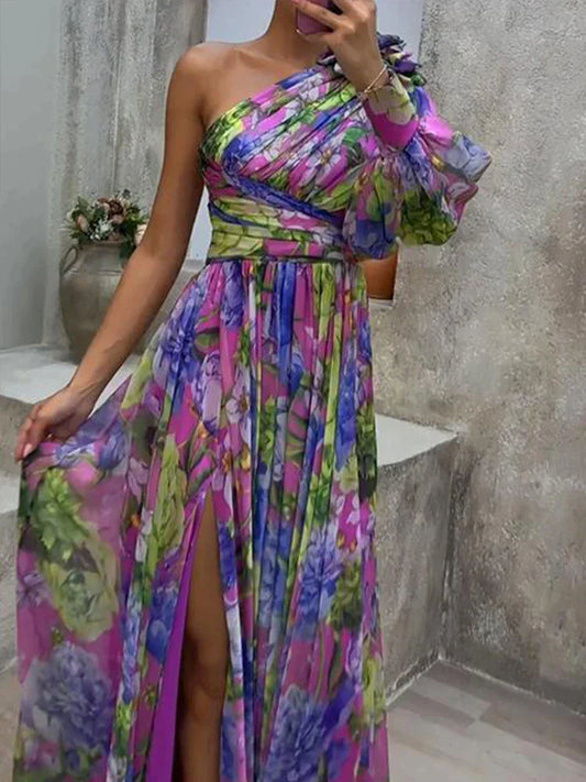 "Robe maxi lilas élégante avec fente, motif imprimé, chic et sexy pour femmes, vue complète"
