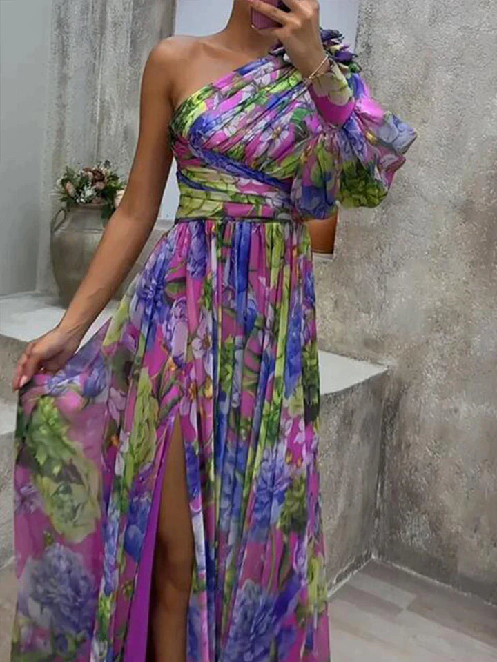 "Robe maxi lilas élégante avec fente, motif imprimé, chic et sexy pour femmes, vue complète"