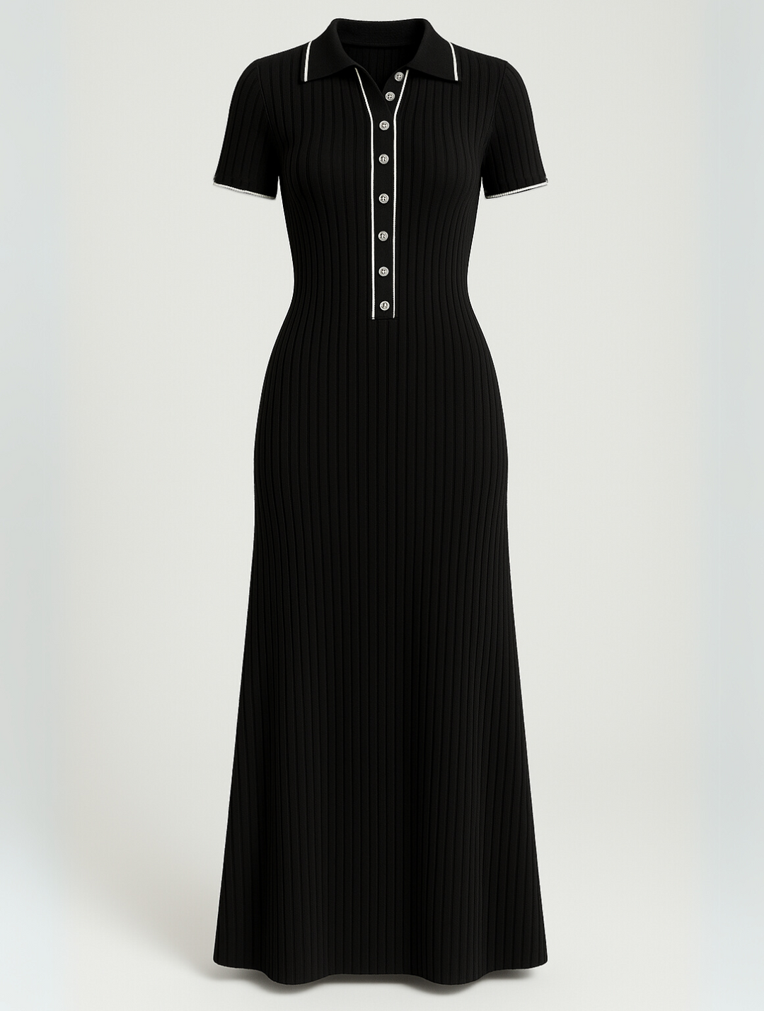 "Robe maxi polo élégante côtelée noir, détails contrastés, coupe ajustée, confort et style intemporel pour chaque occasion."