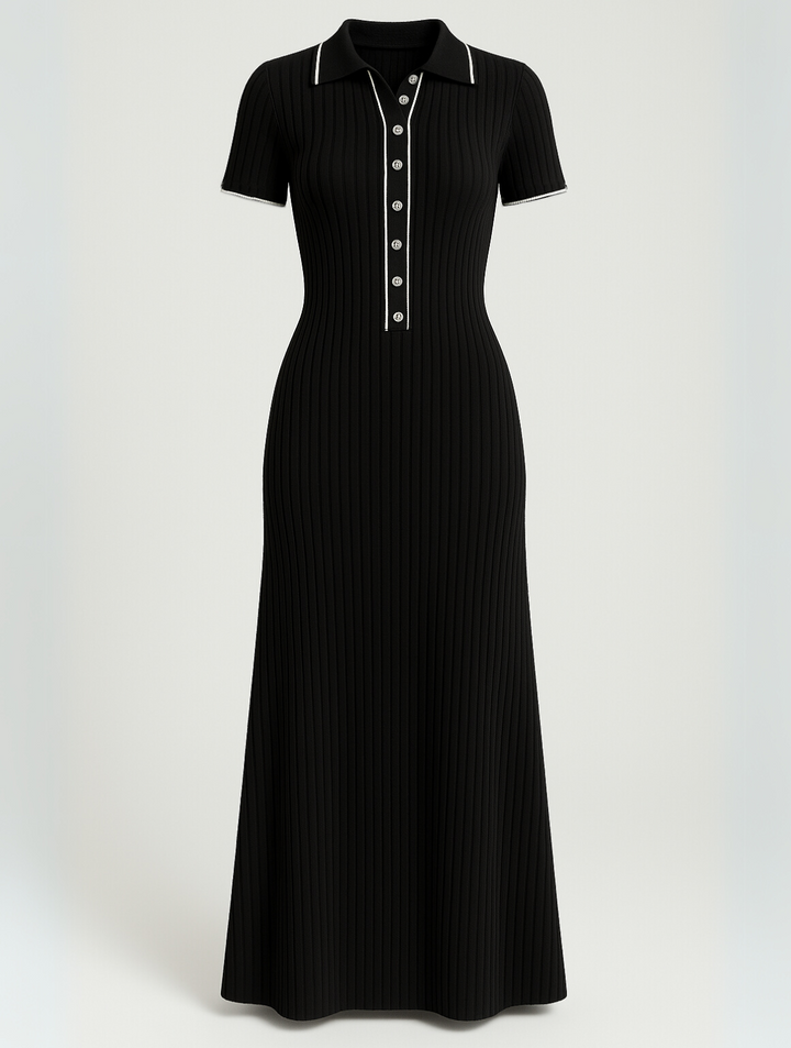 "Robe maxi polo élégante côtelée noir, détails contrastés, coupe ajustée, confort et style intemporel pour chaque occasion."