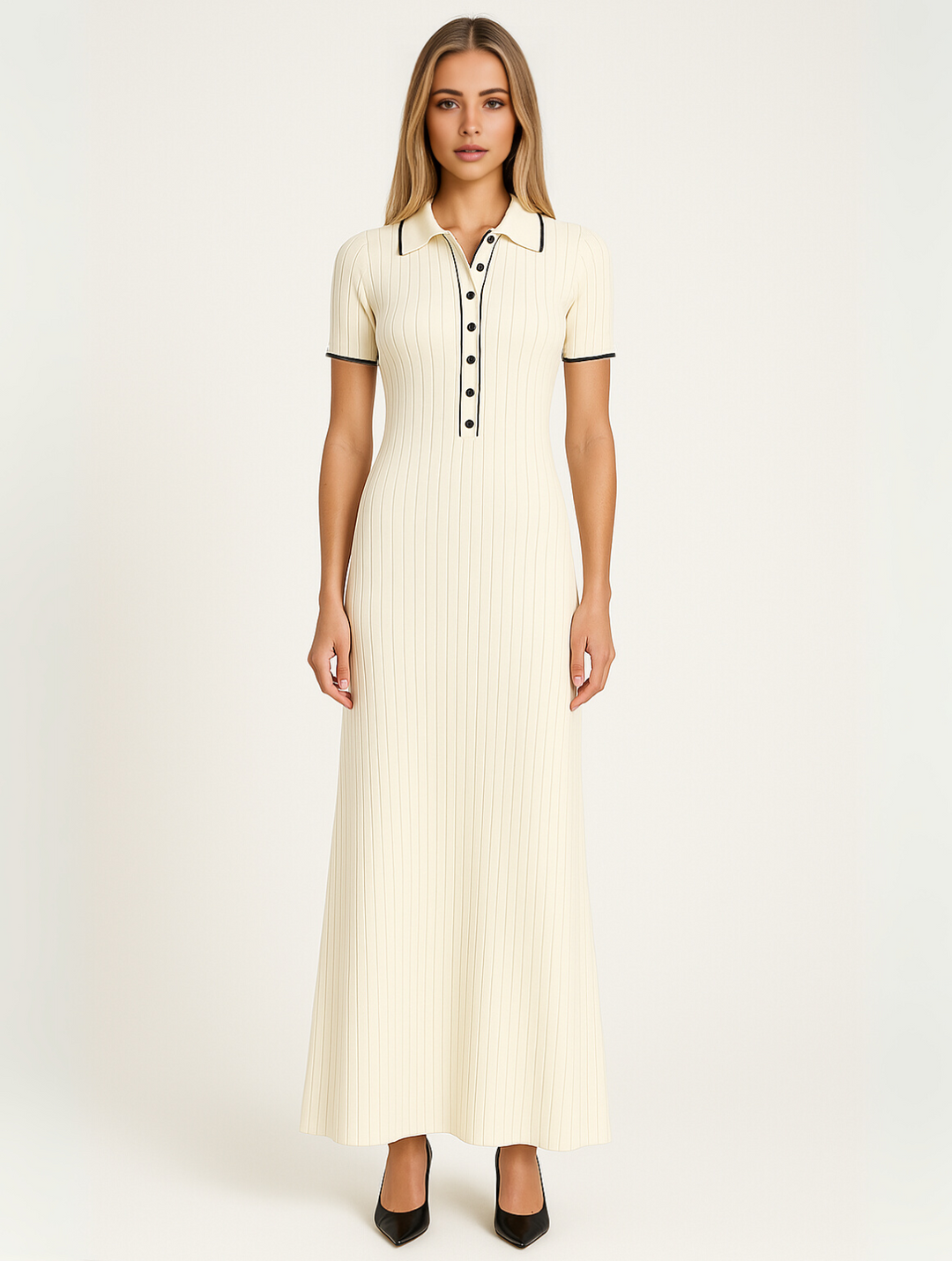 "Robe maxi polo élégante côtelée noir, détails contrastés, coupe ajustée, confort et style intemporel pour chaque occasion."