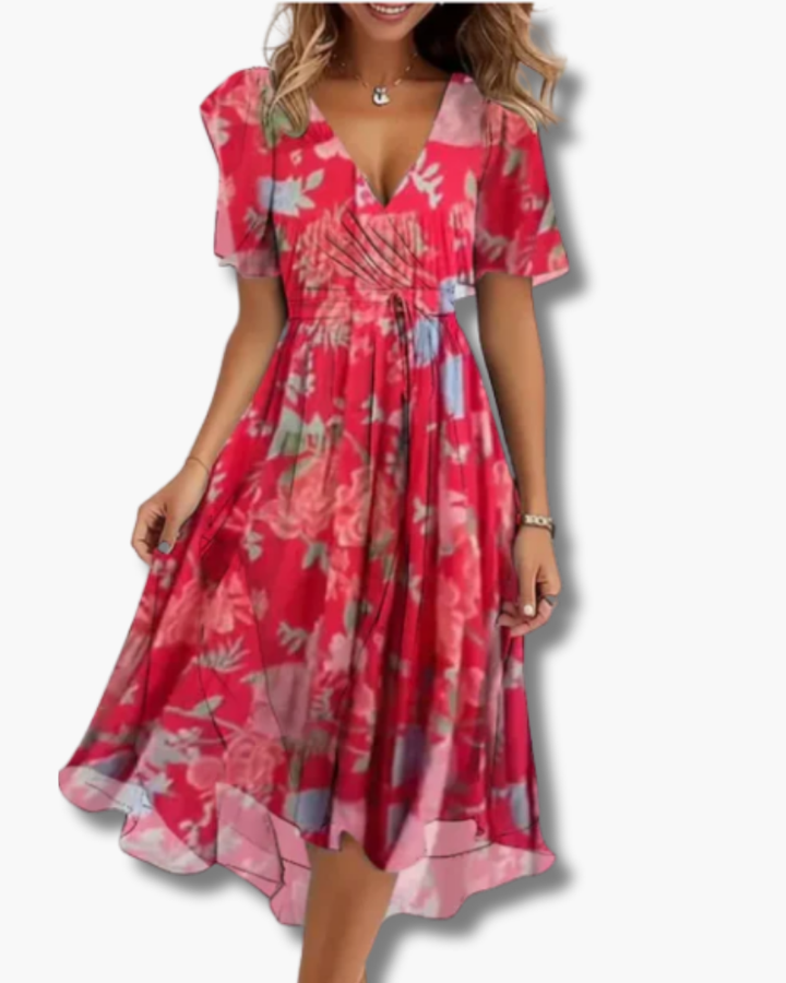 "Robe mi-longue chic évasée pour femme, col en V, manches légères, tissu fluide, élégance estivale."