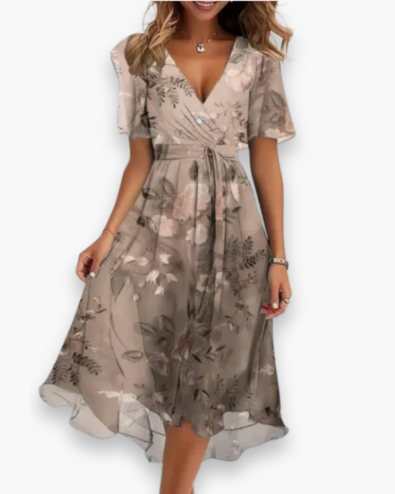 "Robe mi-longue chic évasée pour femme, col en V, manches légères, tissu fluide, élégance estivale."