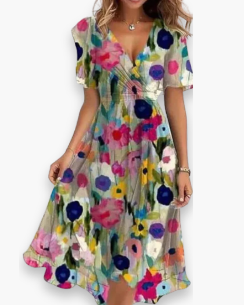 "Robe mi-longue chic évasée pour femme, col en V, manches légères, tissu fluide, élégance estivale."