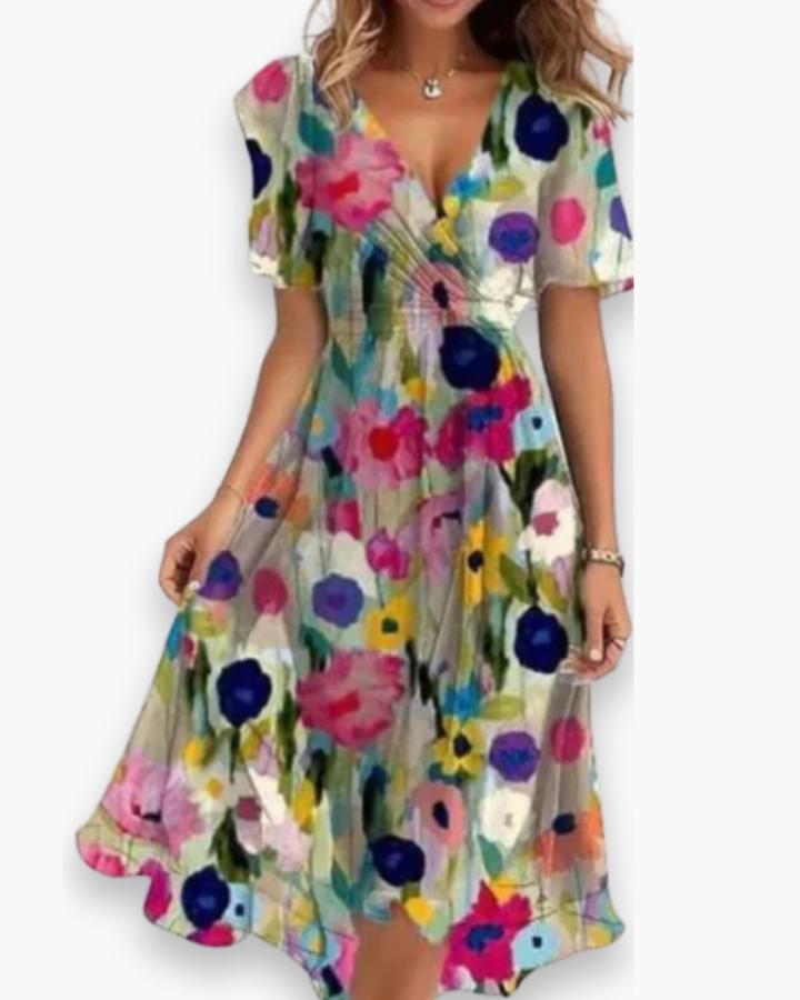 "Robe mi-longue chic évasée pour femme, col en V, manches légères, tissu fluide, élégance estivale."