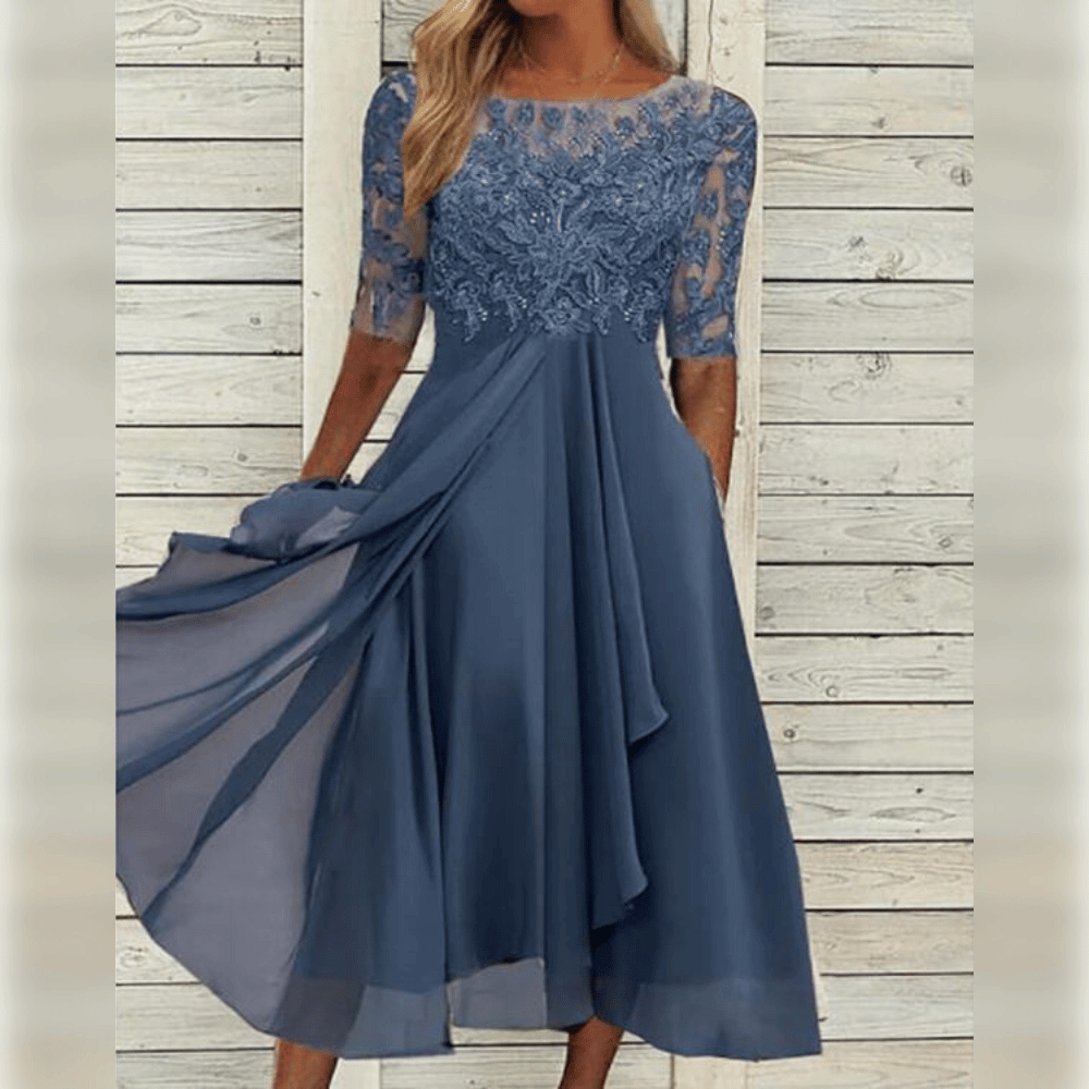 "Robe mi-longue élégante avec broderies délicates, idéale pour invités de mariage, style raffiné et chic, disponible en plusi