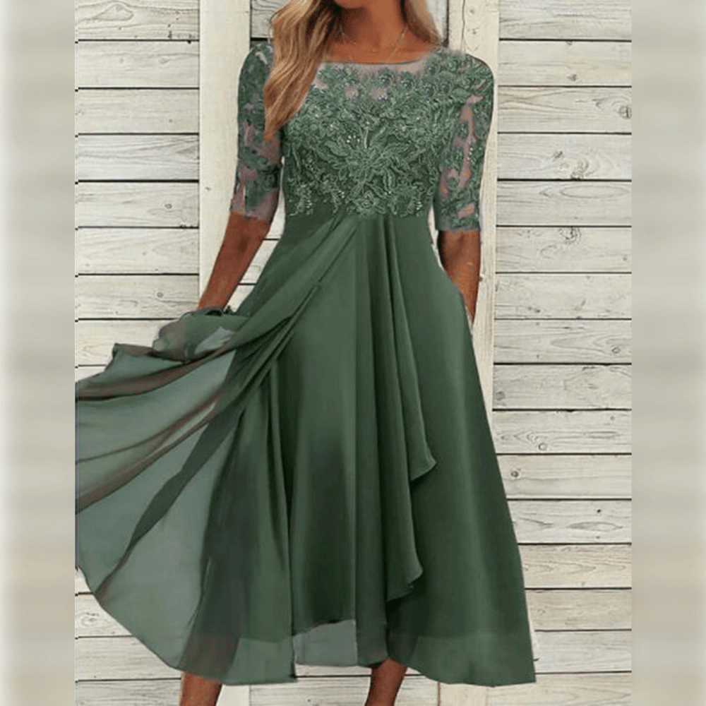 "Robe mi-longue élégante avec broderies délicates, idéale pour invités de mariage, style raffiné et chic, disponible en plusi