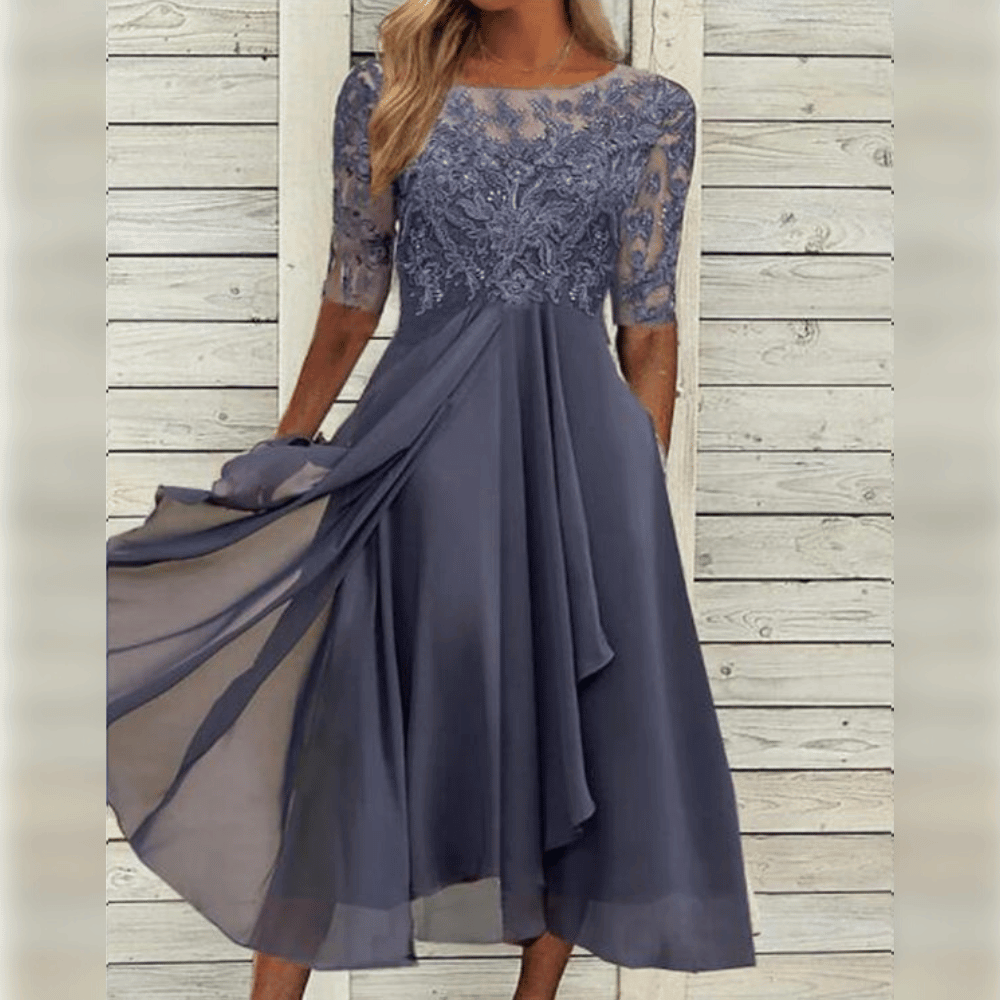 "Robe mi-longue élégante avec broderies délicates, idéale pour invités de mariage, style raffiné et chic, disponible en plusi
