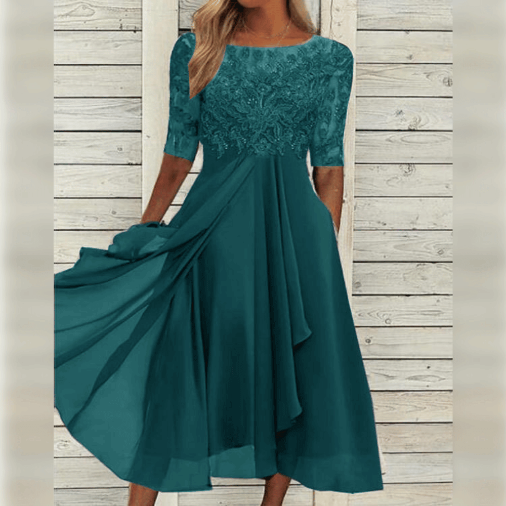 "Robe mi-longue élégante avec broderies délicates, idéale pour invités de mariage, style raffiné et chic, disponible en plusi