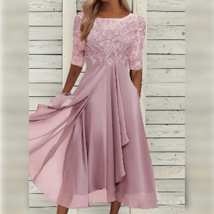 "Robe mi-longue élégante avec broderies délicates, idéale pour invités de mariage, style raffiné et chic, disponible en plusi