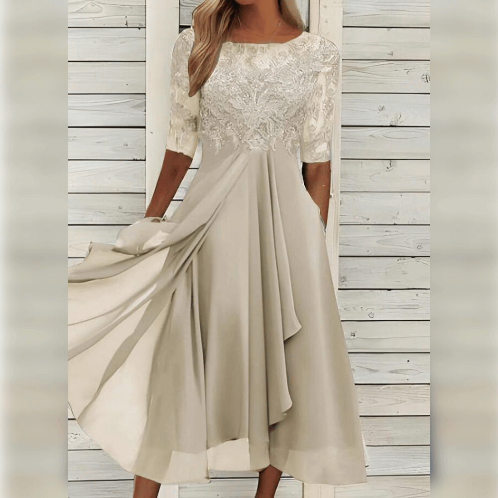 "Robe mi-longue élégante avec broderies délicates, idéale pour invités de mariage, style raffiné et chic, disponible en plusi