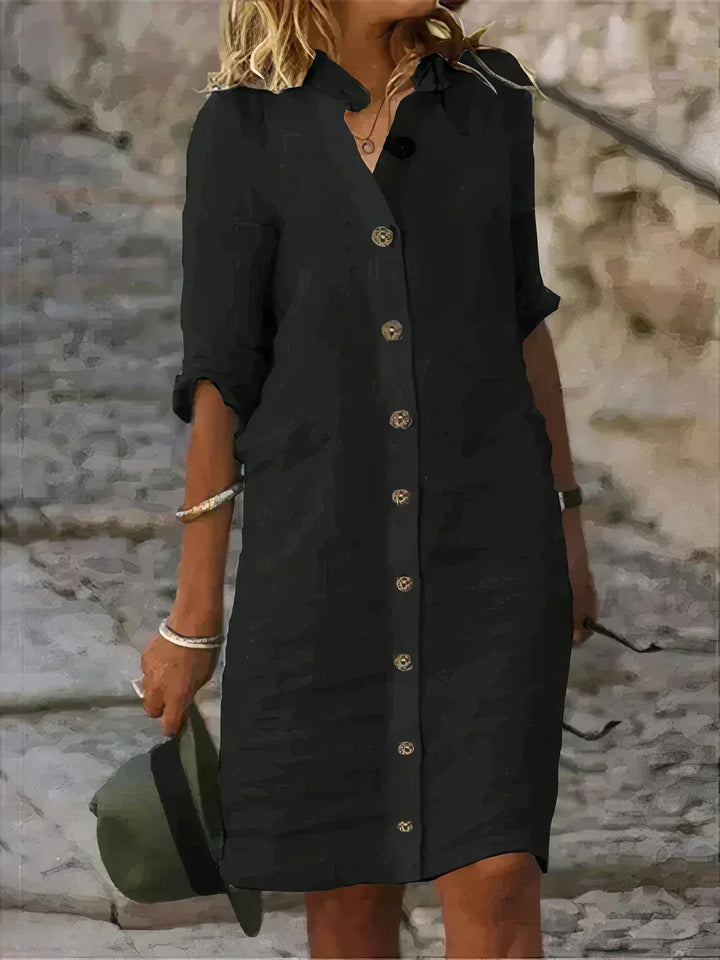 "Robe mi-longue en lin léger, style décontracté et élégant, idéale pour l'été, fluide, ample et respirante."
