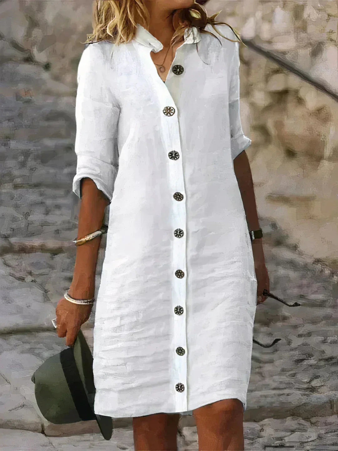 "Robe mi-longue en lin léger, style décontracté et élégant, idéale pour l'été, fluide, ample et respirante."