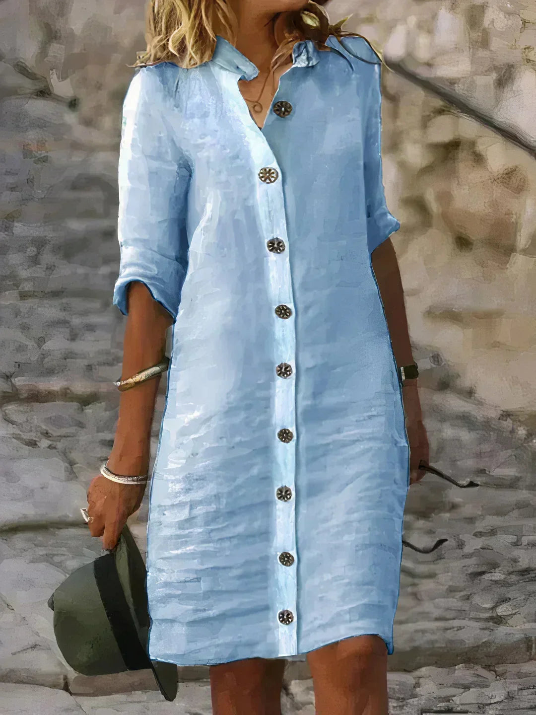 "Robe mi-longue en lin léger, style décontracté et élégant, idéale pour l'été, fluide, ample et respirante."
