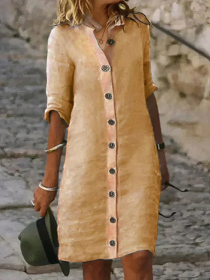 "Robe mi-longue en lin léger, style décontracté et élégant, idéale pour l'été, fluide, ample et respirante."