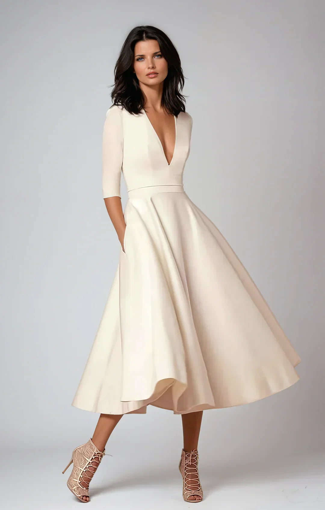 "Robe midi élégante à col V profond, manches trois-quarts, tissu texturé, coupe trapèze, allure féminine."