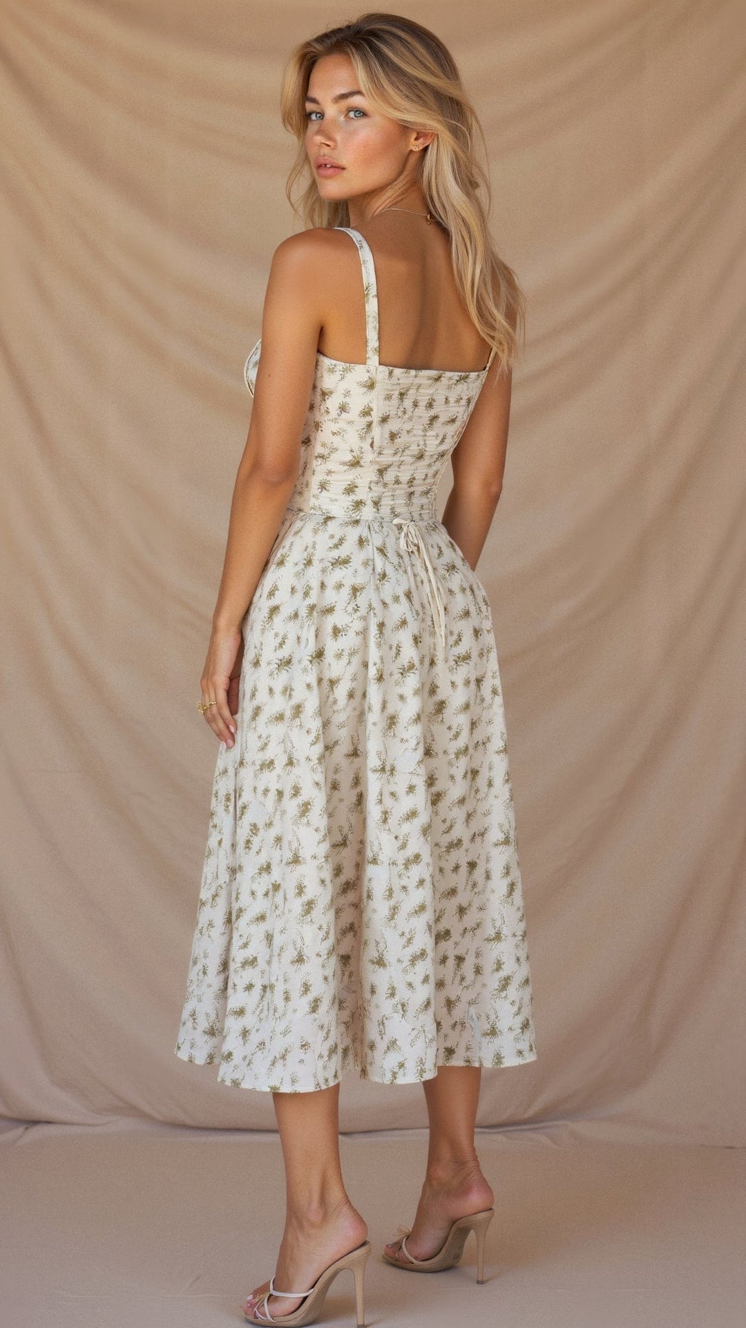 "Robe midi élégante à corset pour femme, jupe fluide et corsage flatteur, idéale pour événements formels et décontractés."