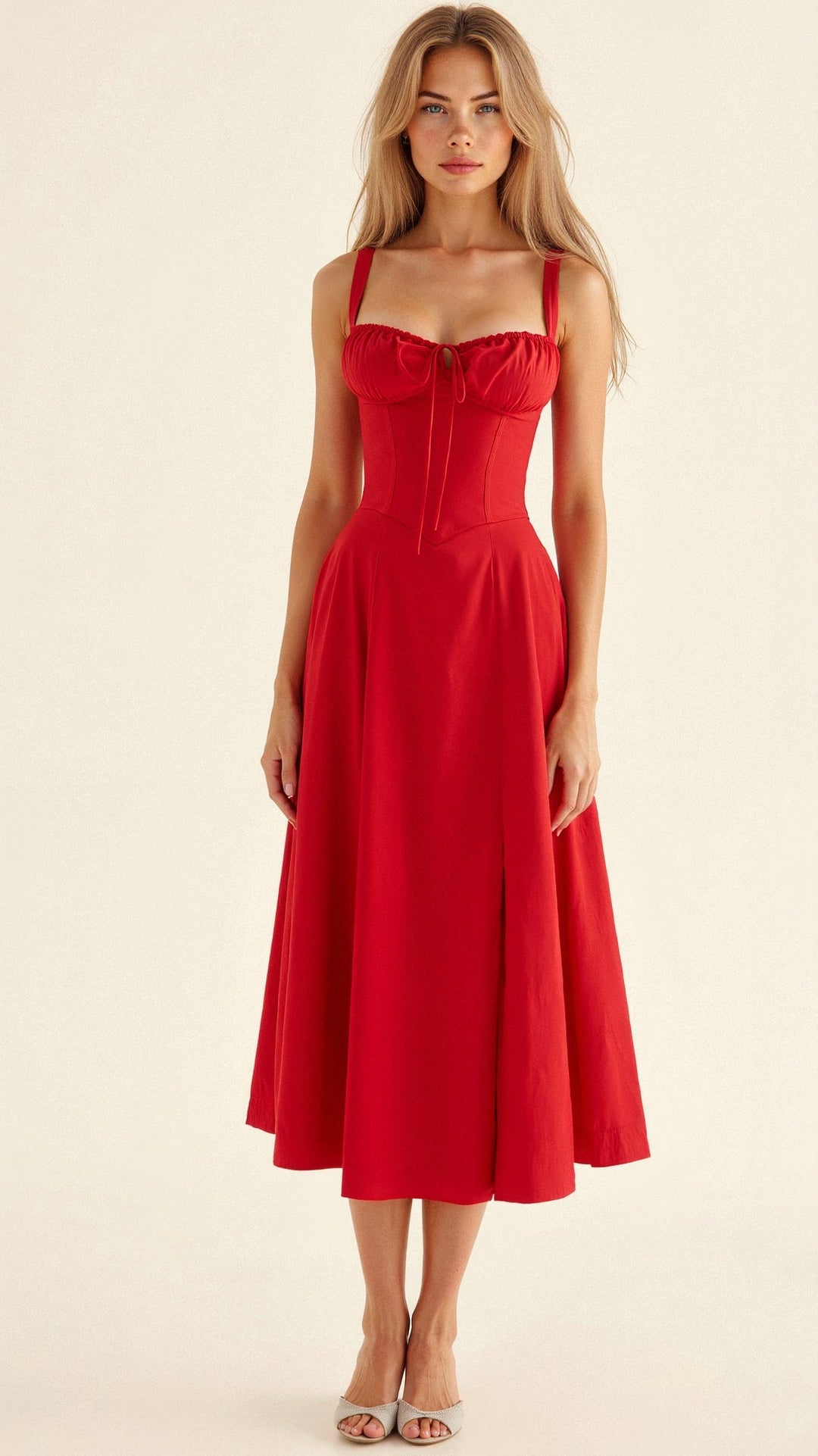 "Robe midi élégante à corset pour femme, jupe fluide et corsage flatteur, idéale pour événements formels et décontractés."