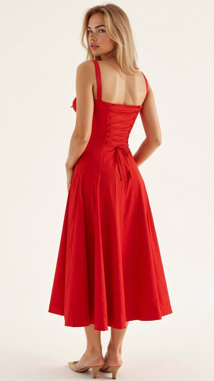 "Robe midi élégante à corset pour femme, jupe fluide et corsage flatteur, idéale pour événements formels et décontractés."