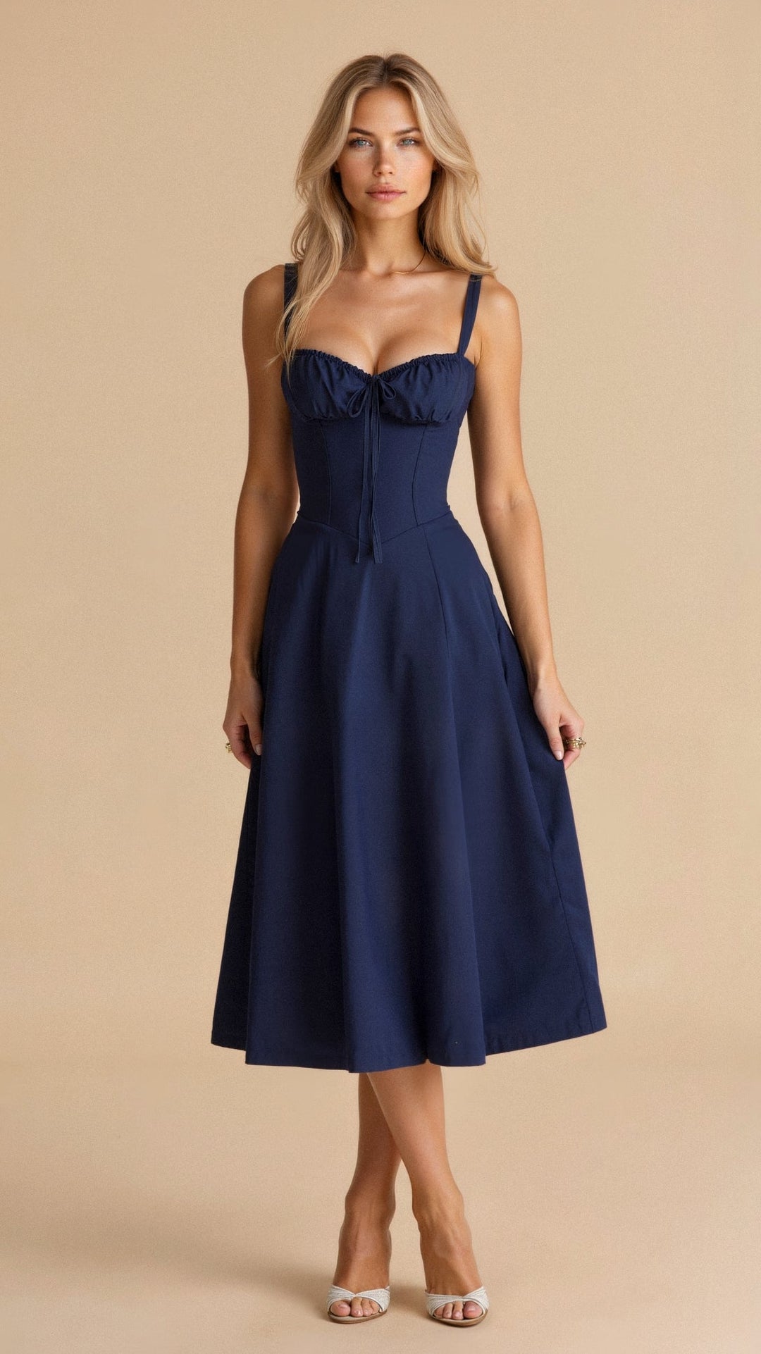 "Robe midi élégante à corset pour femme, jupe fluide et corsage flatteur, idéale pour événements formels et décontractés."