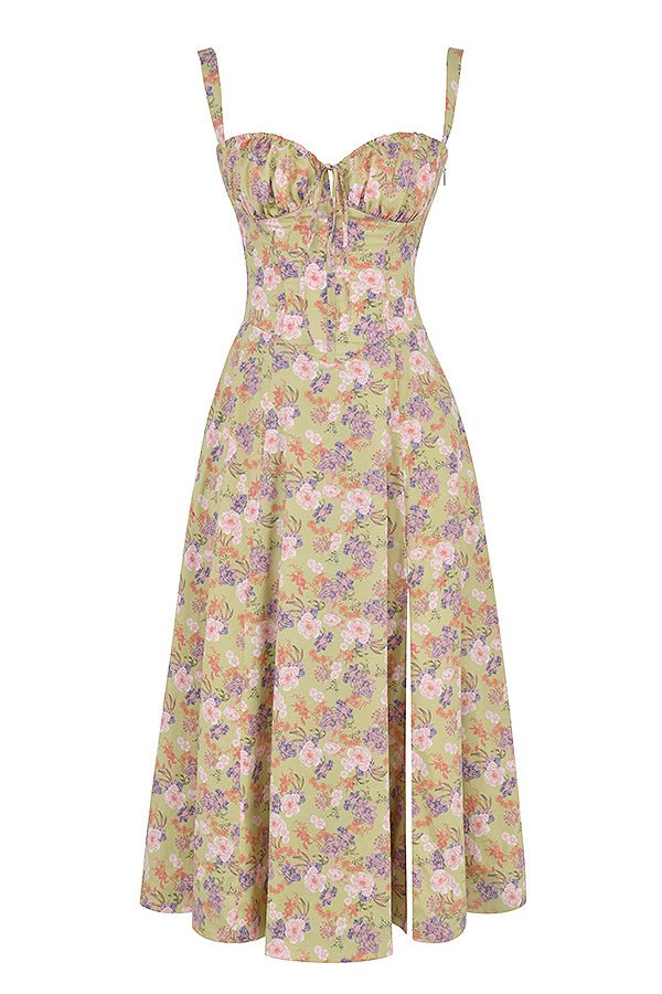 "Robe midi élégante à corset pour femme, jupe fluide et corsage flatteur, idéale pour événements formels et décontractés."