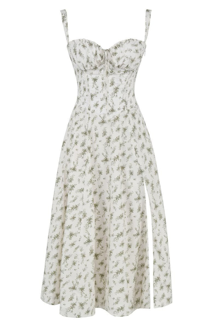 "Robe midi élégante à corset pour femme, jupe fluide et corsage flatteur, idéale pour événements formels et décontractés."