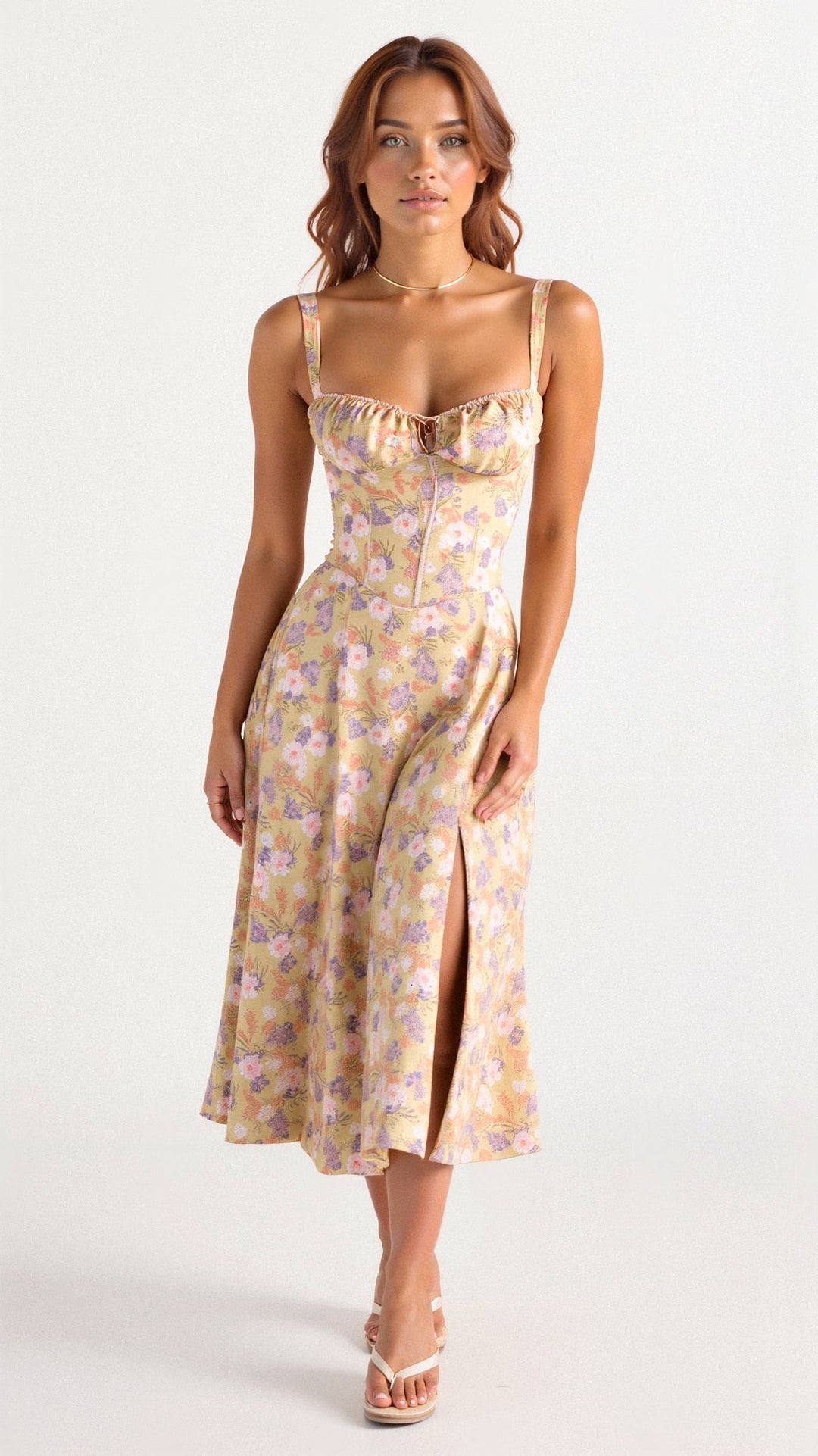 "Robe midi élégante à corset pour femme, jupe fluide et corsage flatteur, idéale pour événements formels et décontractés."