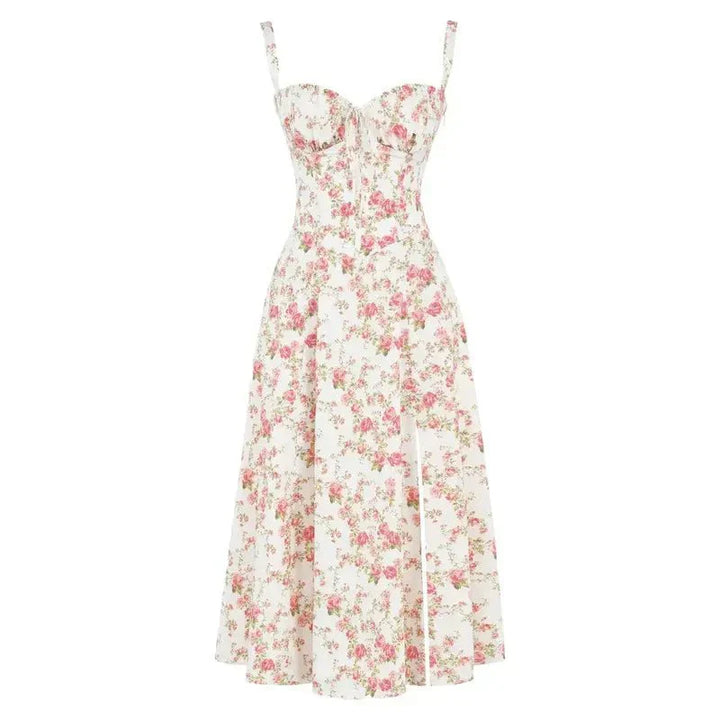 "Robe midi élégante à corset pour femme, jupe fluide et corsage flatteur, idéale pour événements formels et décontractés."