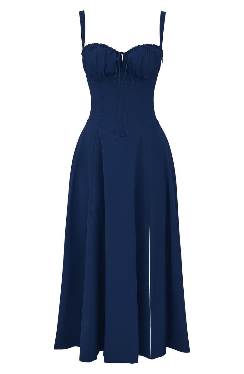 "Robe midi élégante à corset pour femme, jupe fluide et corsage flatteur, idéale pour événements formels et décontractés."