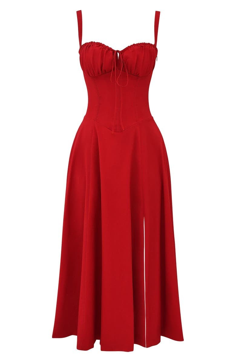 "Robe midi élégante à corset pour femme, jupe fluide et corsage flatteur, idéale pour événements formels et décontractés."