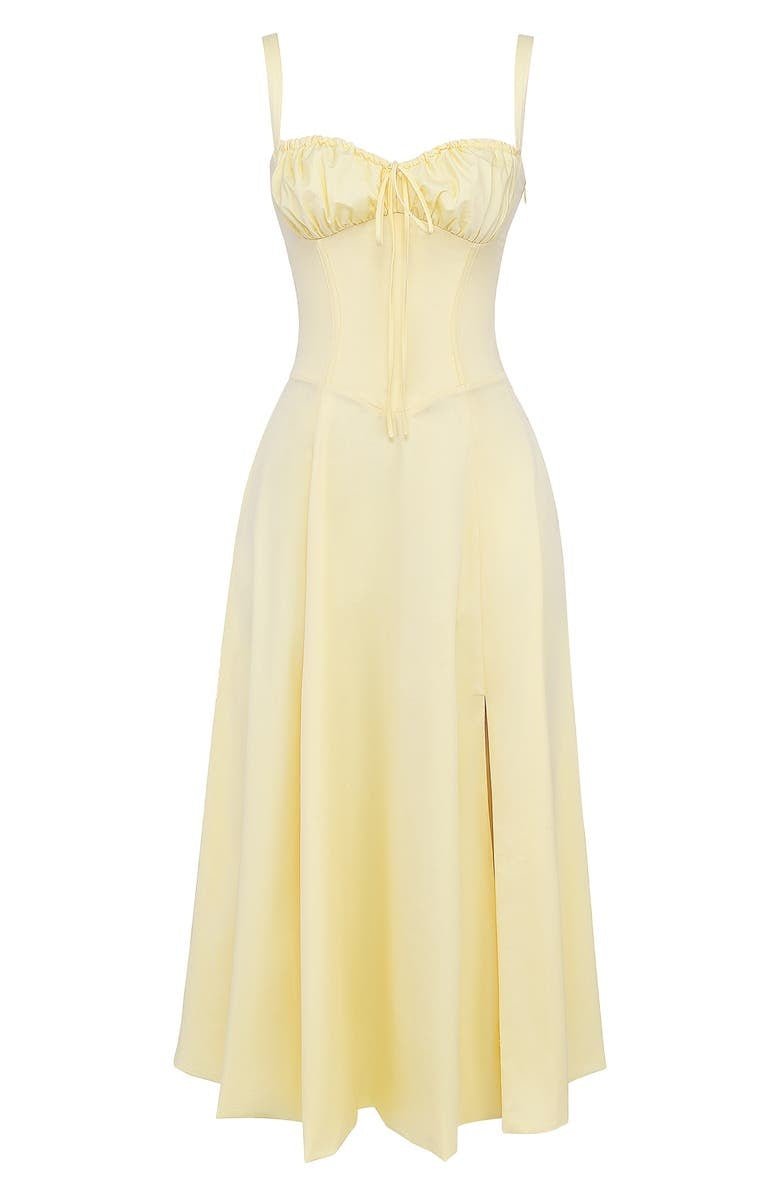 "Robe midi élégante à corset pour femme, jupe fluide et corsage flatteur, idéale pour événements formels et décontractés."