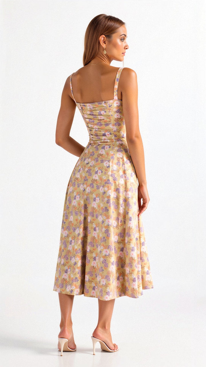 "Robe midi élégante à corset pour femme, jupe fluide et corsage flatteur, idéale pour événements formels et décontractés."