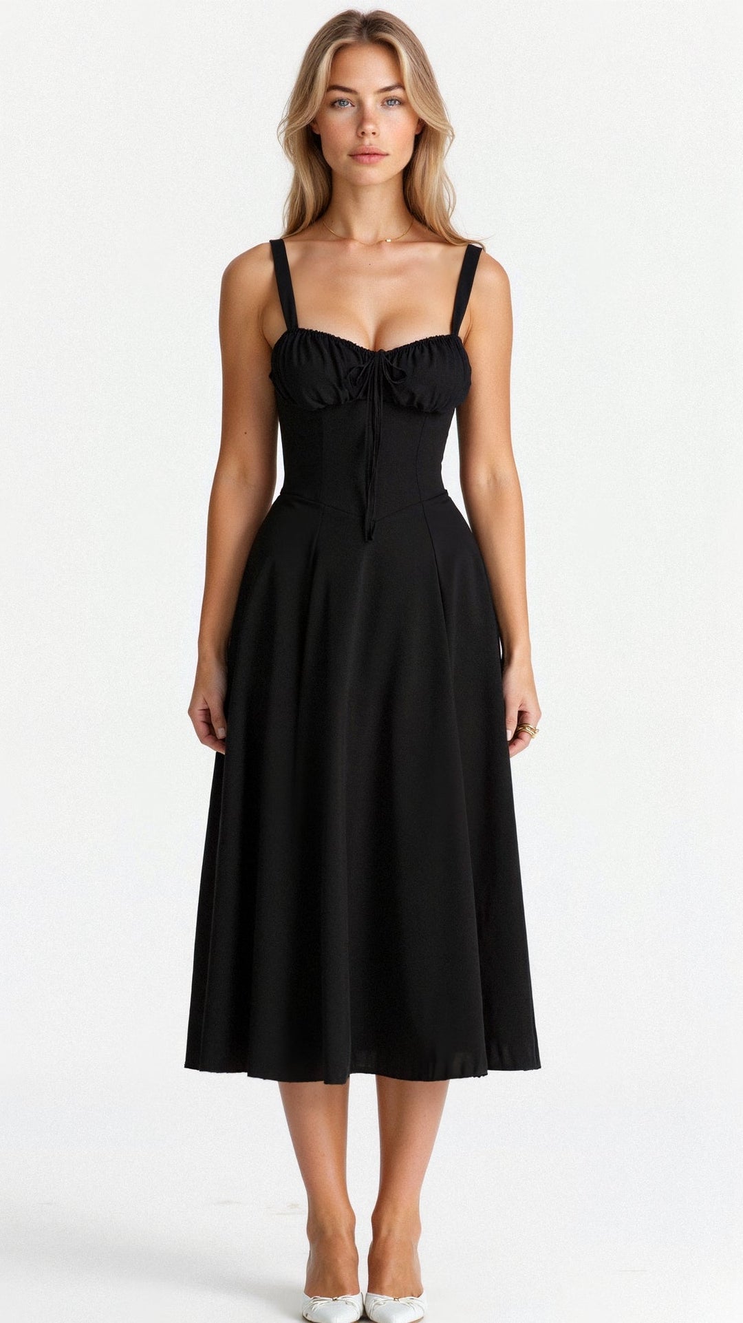 "Robe midi élégante à corset pour femme, jupe fluide et corsage flatteur, idéale pour événements formels et décontractés."