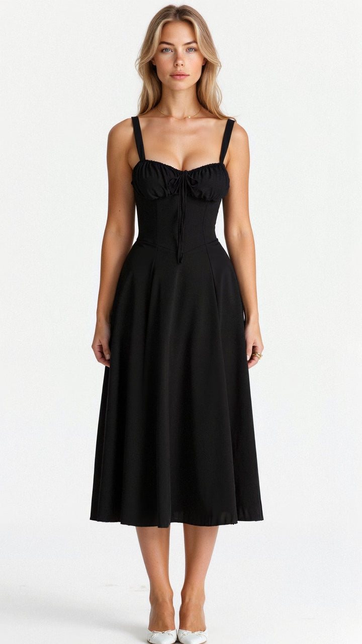 "Robe midi élégante à corset pour femme, jupe fluide et corsage flatteur, idéale pour événements formels et décontractés."