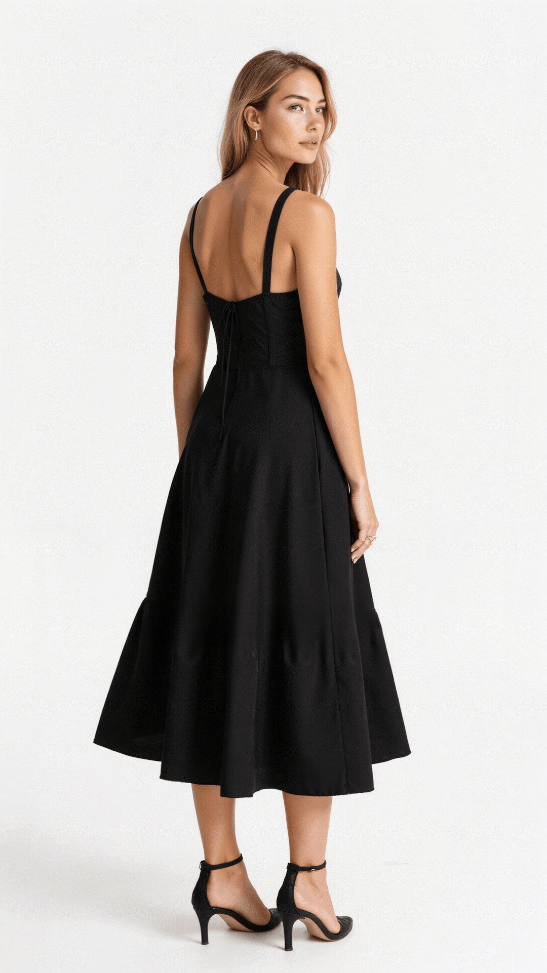"Robe midi élégante à corset pour femme, jupe fluide et corsage flatteur, idéale pour événements formels et décontractés."