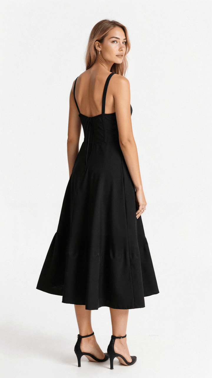 "Robe midi élégante à corset pour femme, jupe fluide et corsage flatteur, idéale pour événements formels et décontractés."