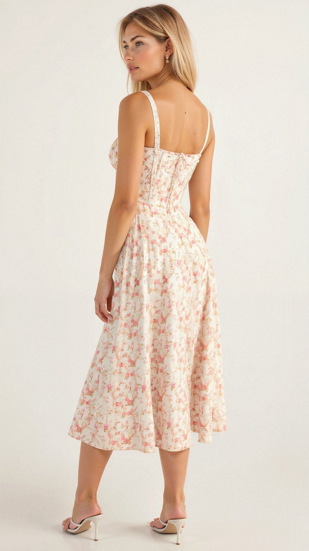 "Robe midi élégante à corset pour femme, jupe fluide et corsage flatteur, idéale pour événements formels et décontractés."