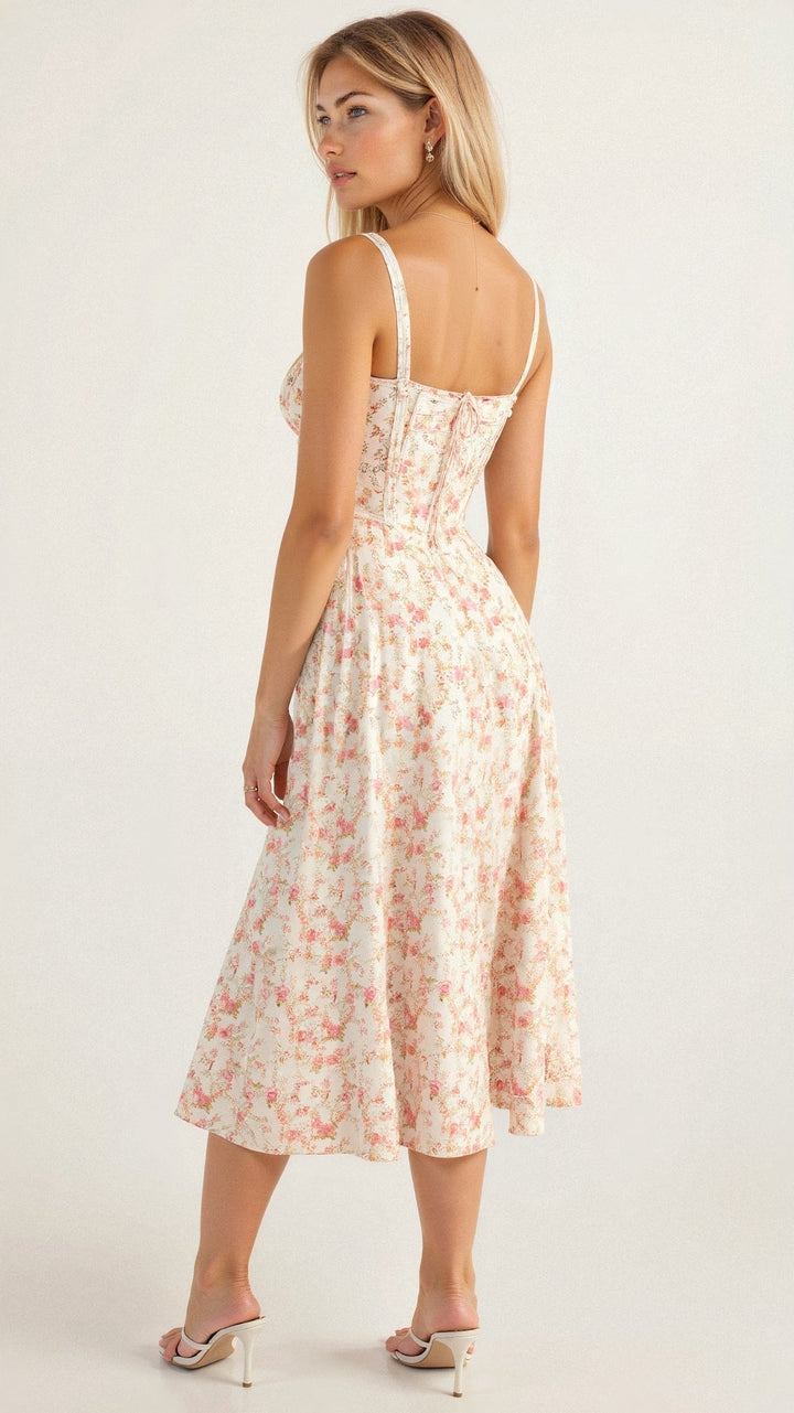 "Robe midi élégante à corset pour femme, jupe fluide et corsage flatteur, idéale pour événements formels et décontractés."
