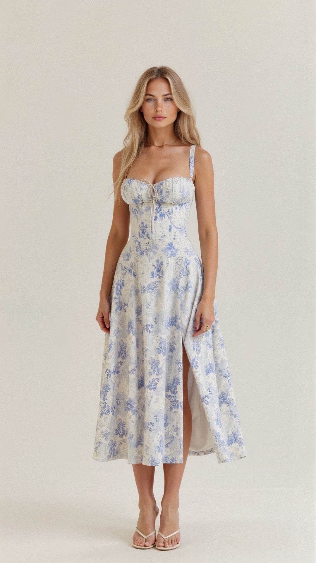 "Robe midi élégante à corset pour femme, jupe fluide et corsage flatteur, idéale pour événements formels et décontractés."