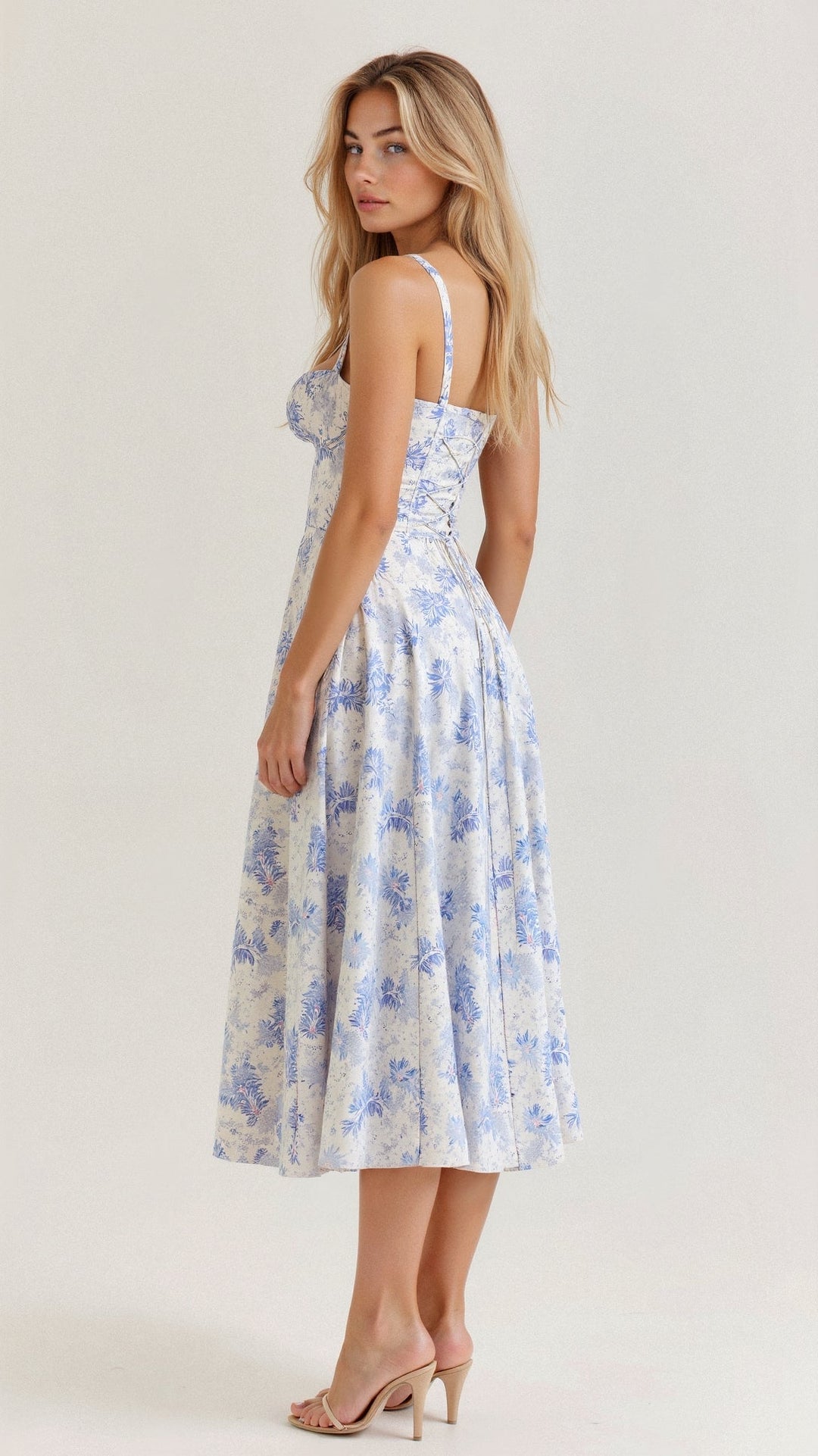 "Robe midi élégante à corset pour femme, jupe fluide et corsage flatteur, idéale pour événements formels et décontractés."