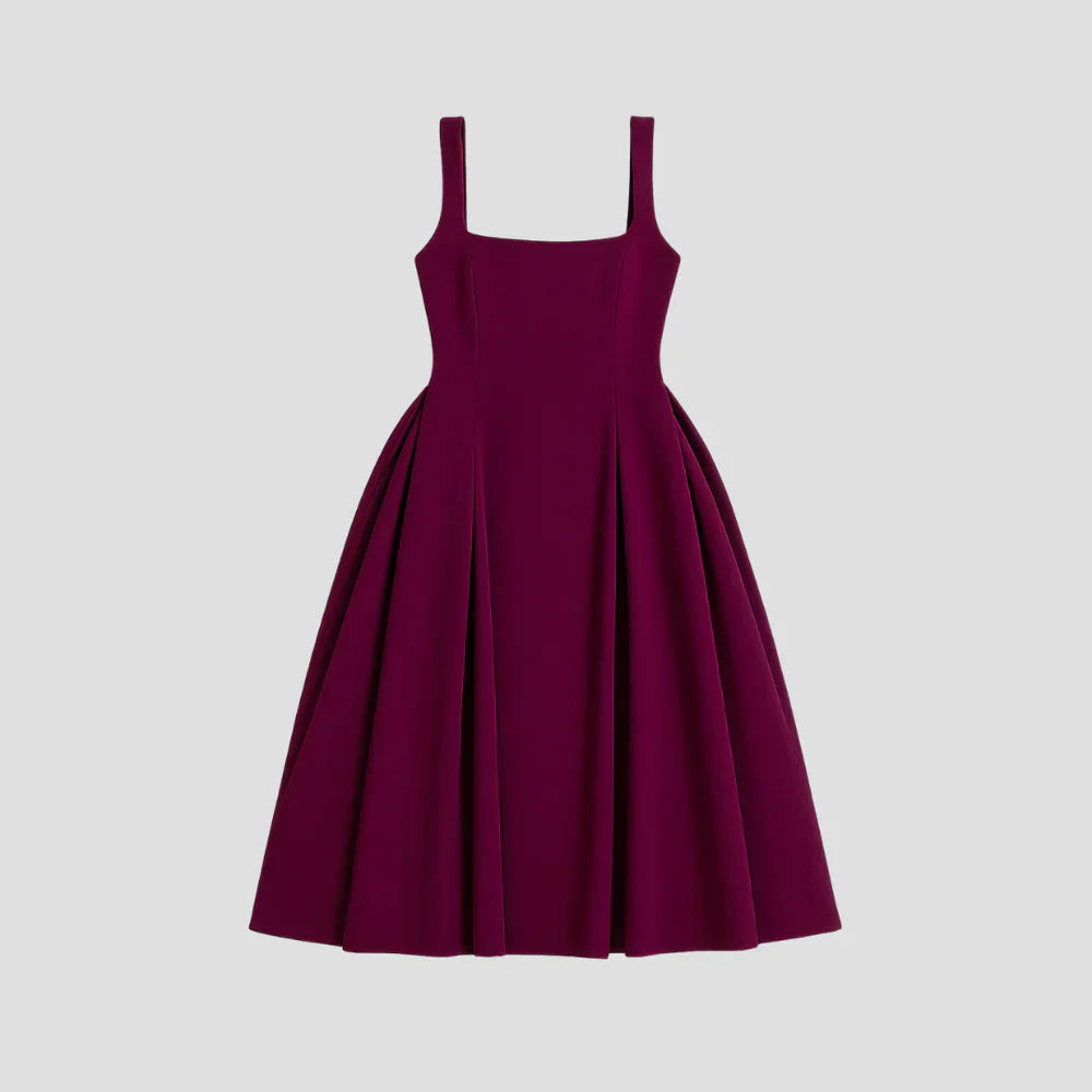 "Robe midi élégante avec décolleté carré et jupe évasée, taille cintrée, tissu structuré, idéale pour occasions distinguées."
