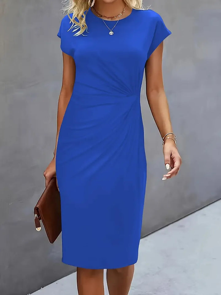 "Robe midi élégante cintrée pour femme, col rond, longueur formelle, sublimant la silhouette et convenant aux occasions"