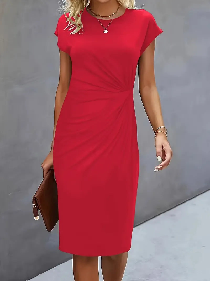 "Robe midi élégante cintrée pour femme, col rond, longueur formelle, sublimant la silhouette et convenant aux occasions"