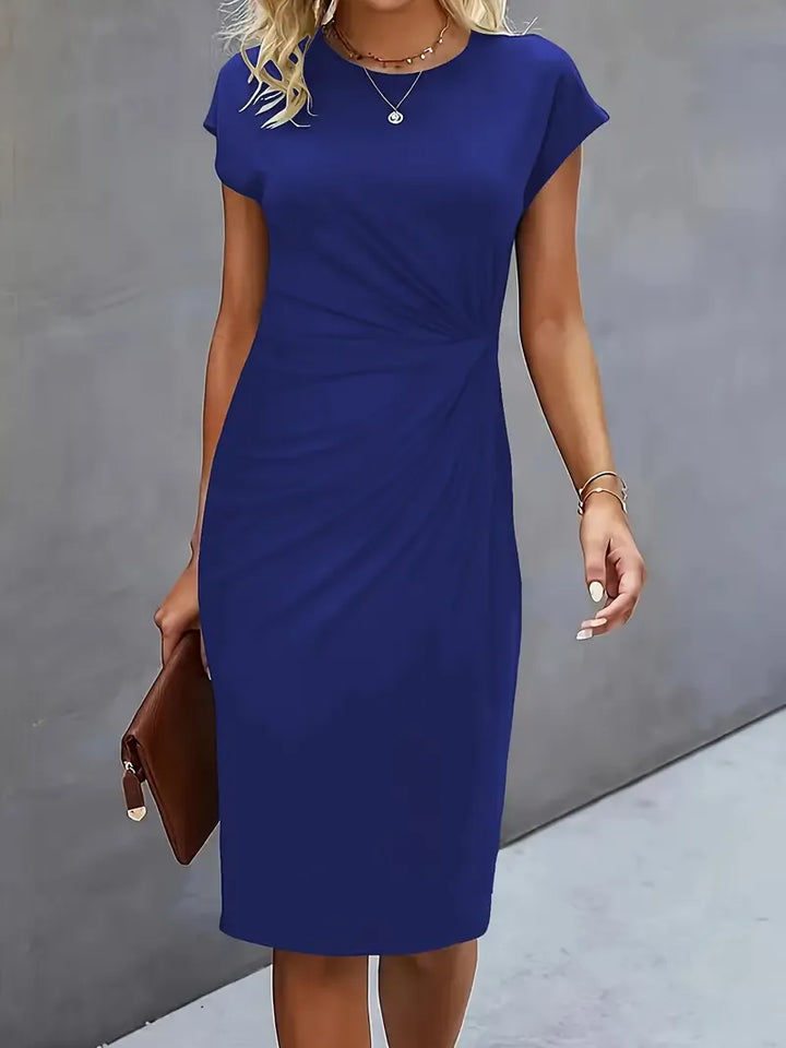 "Robe midi élégante cintrée pour femme, col rond, longueur formelle, sublimant la silhouette et convenant aux occasions"