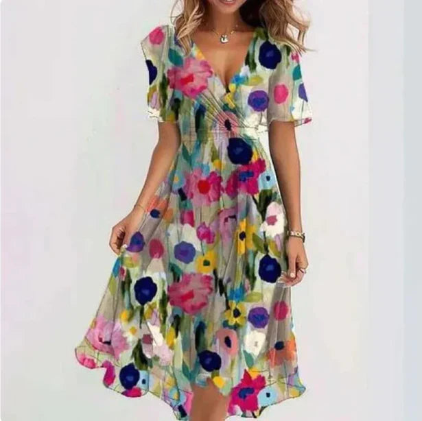 "Robe midi élégante femme, décolleté en V, couleur noire, idéale pour soirées spéciales, silhouette flatteuse et moderne."