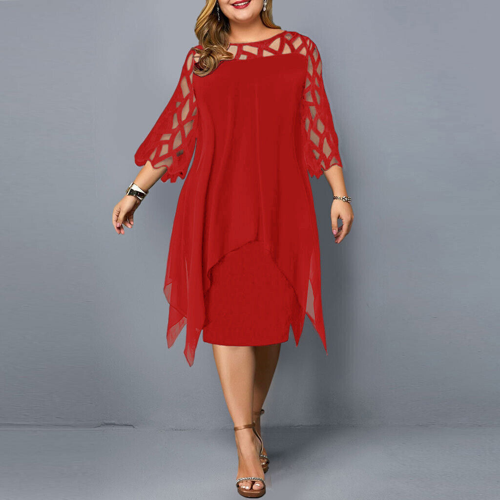 "Robe midi élégante grande taille, col rond, manches dentelle, silhouette flatteuse, couleur foncée."