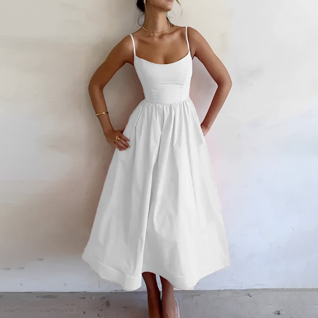 "Robe midi élégante pour femmes, sans manches, jupe fluide A-line, style chic et raffiné, parfaite pour toutes occasions."